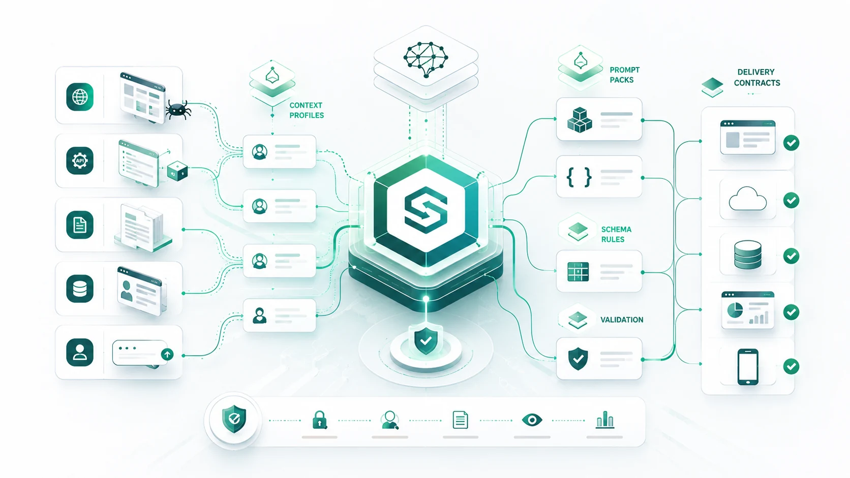 Multi-context AI orchestration with context profiles, prompt packs, schema rules, validation, and delivery contracts